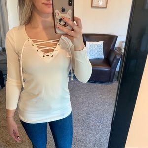 White Lace Up Front Long Sleeve Tee - XS